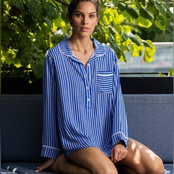 NWT PLUSH Apparel Revolve Blue Striped Long Sleeve Sleep Pajama Dress Sz S - Picture 1 of 4
